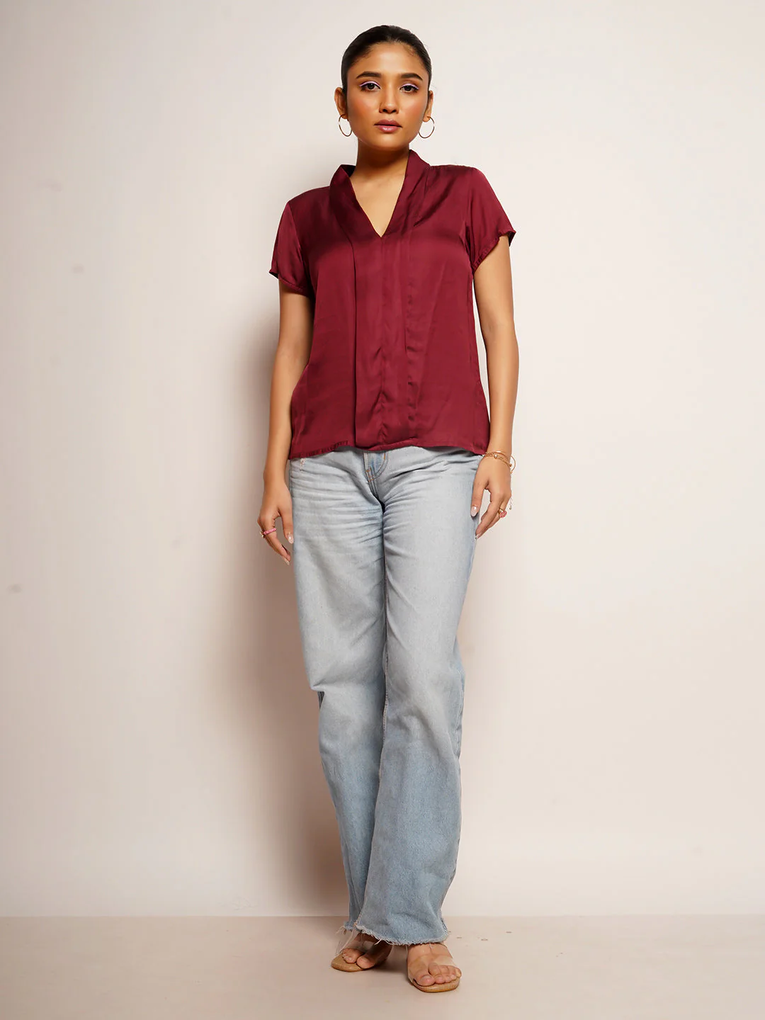 Women's Maroon Plain Basic Top - Image 2