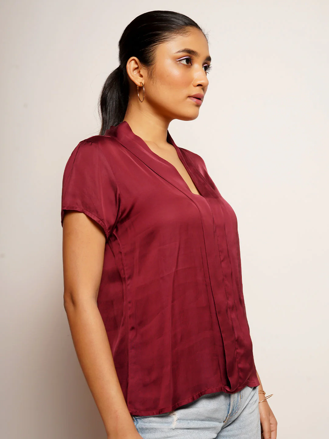 Women's Maroon Plain Basic Top - Image 3