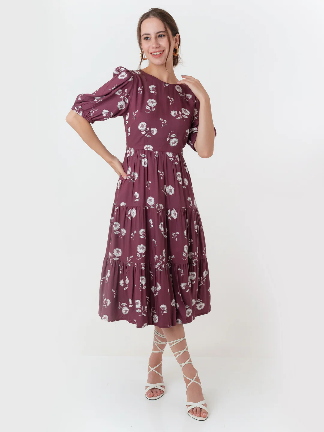 Maroon Printed Flared Midi Dress