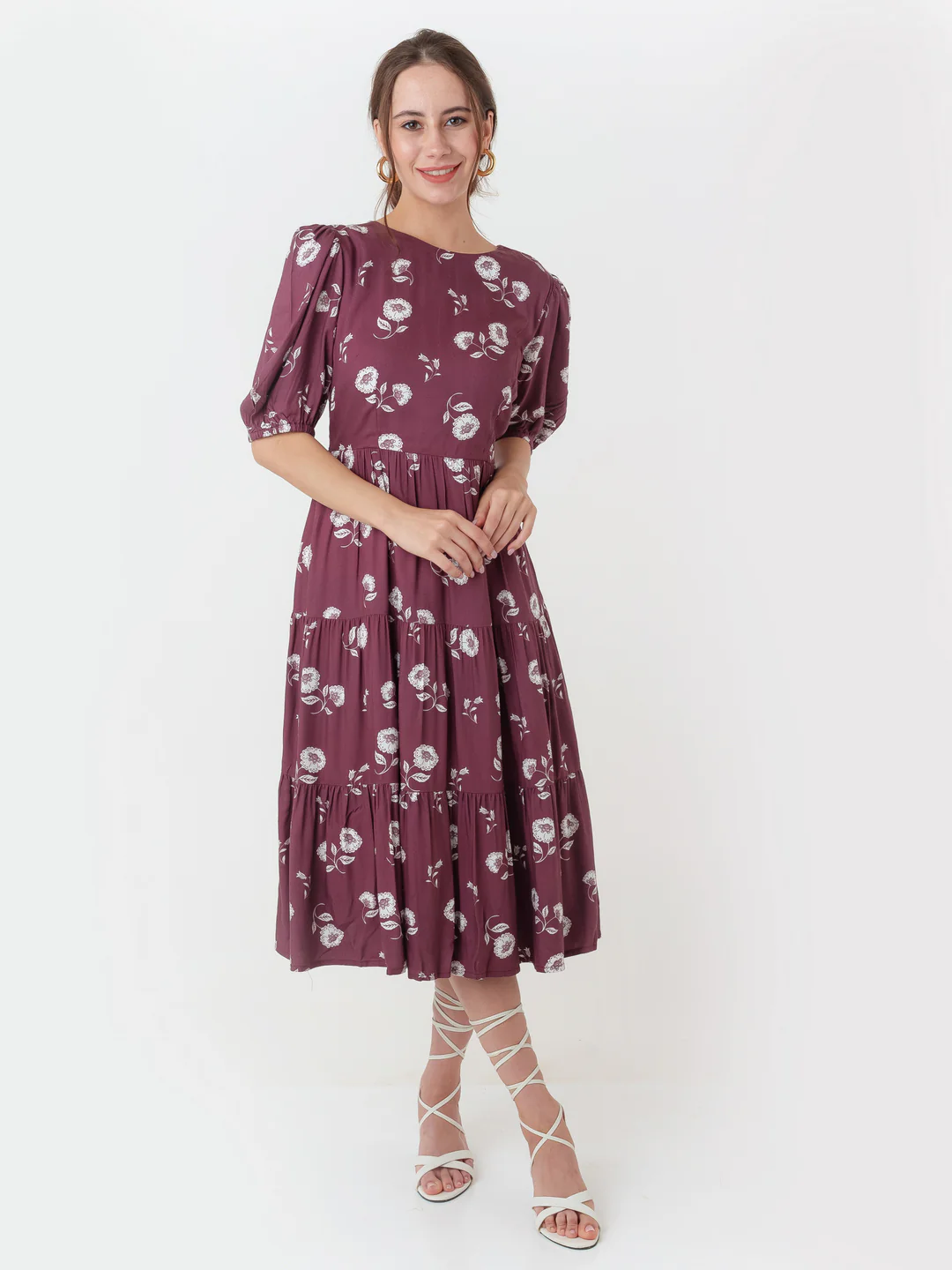 Maroon Printed Flared Midi Dress - Image 2
