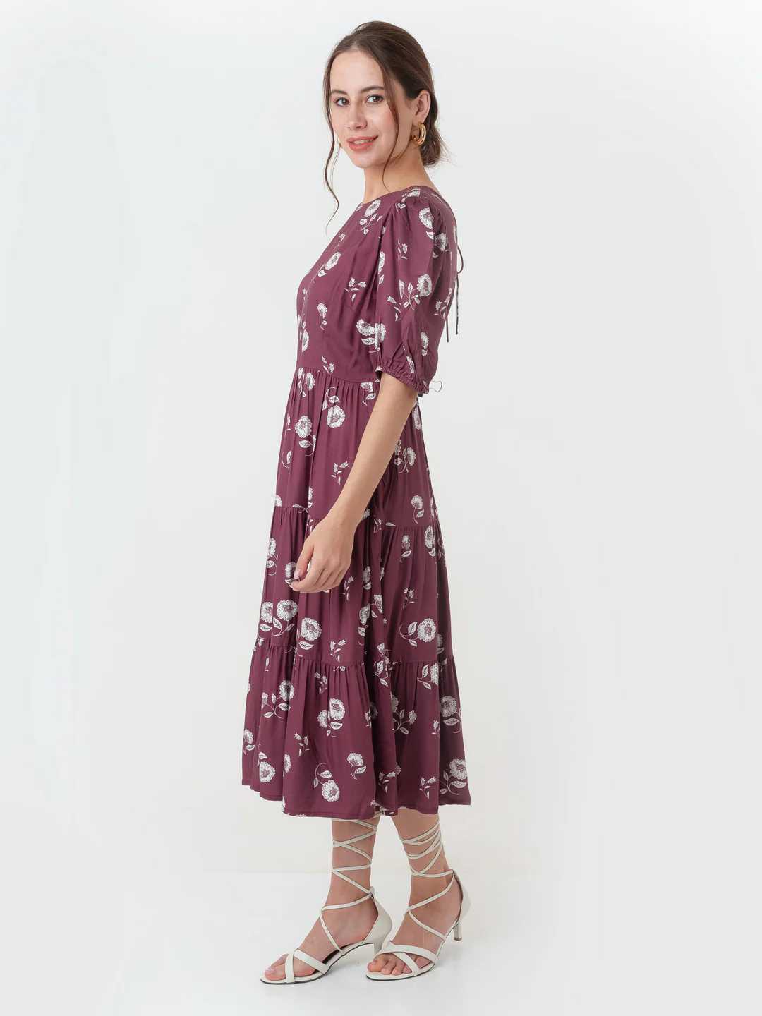 Maroon Printed Flared Midi Dress - Image 3
