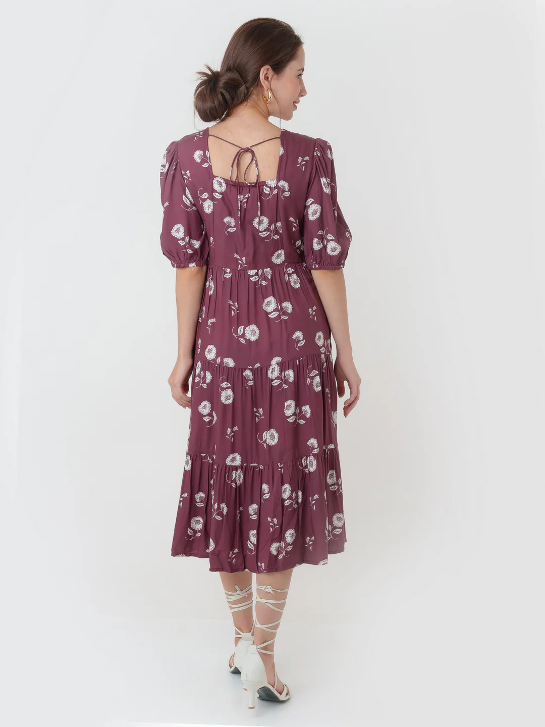 Maroon Printed Flared Midi Dress - Image 4