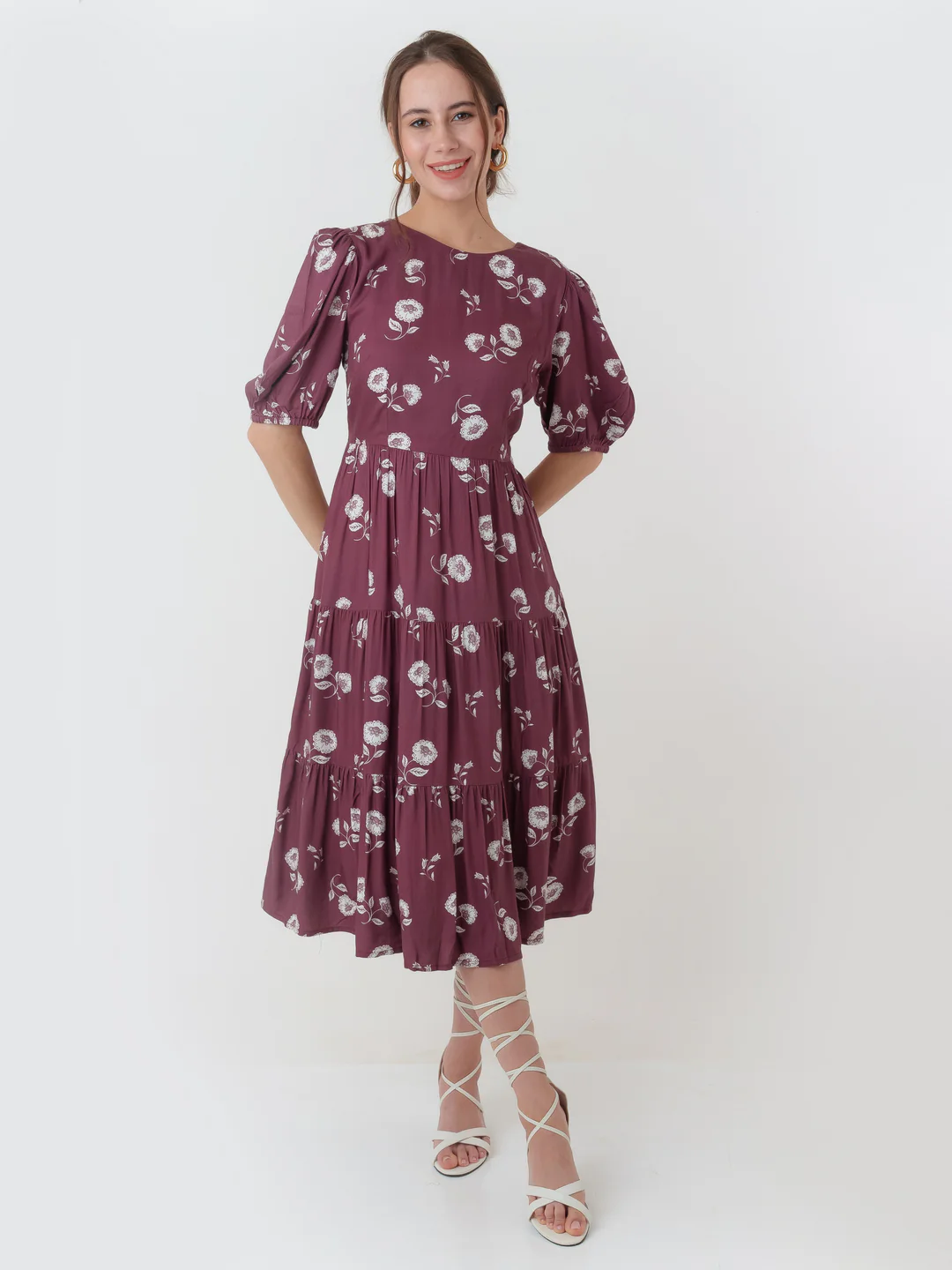 Maroon Printed Flared Midi Dress - Image 5