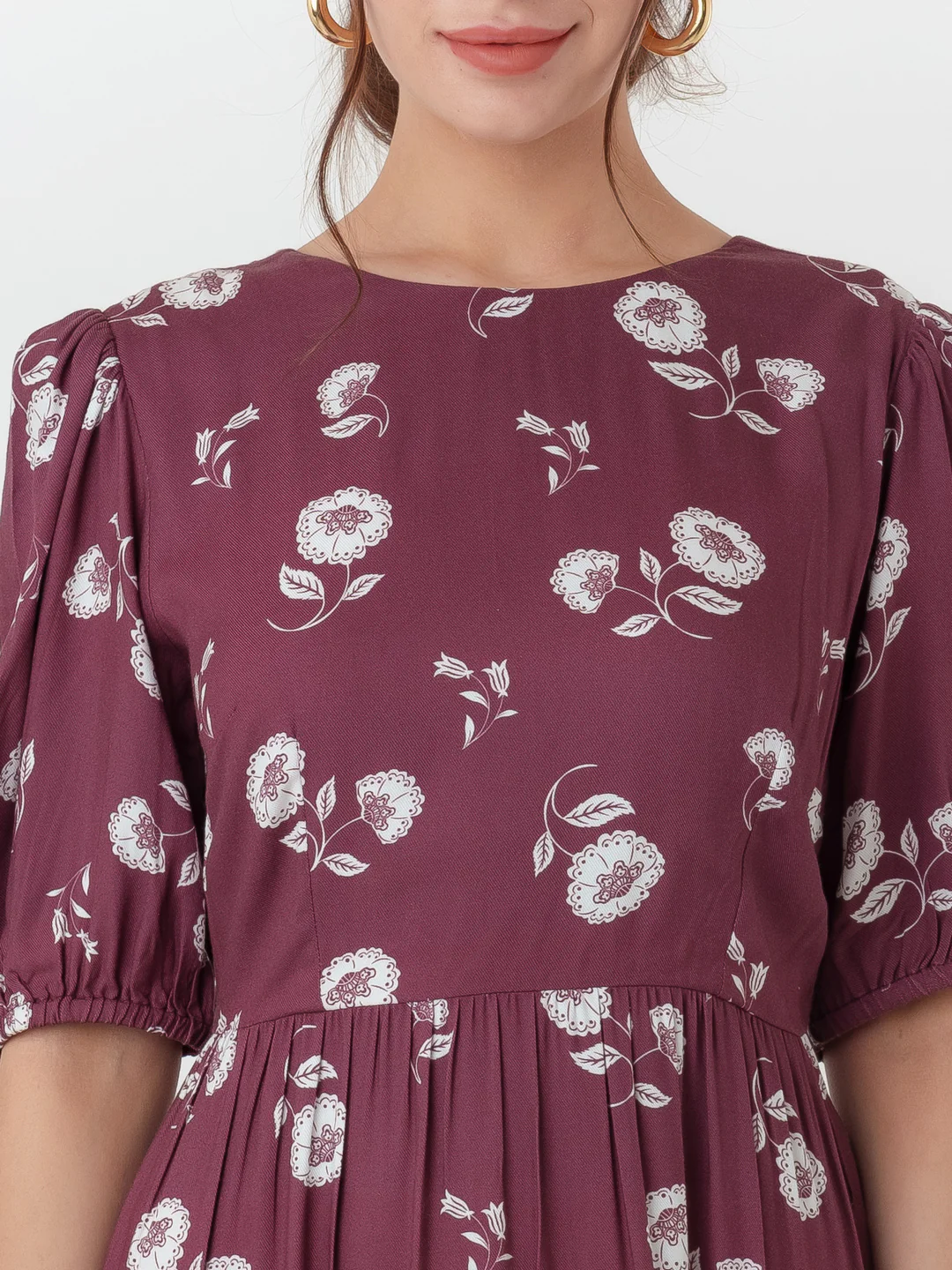Maroon Printed Flared Midi Dress - Image 6