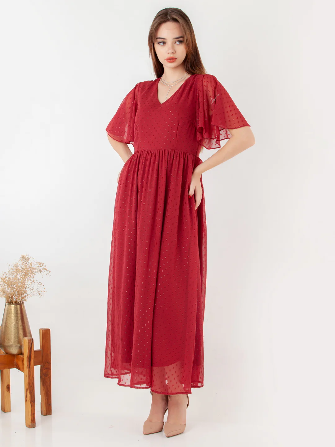 Maroon Self Design Regular Maxi Dress