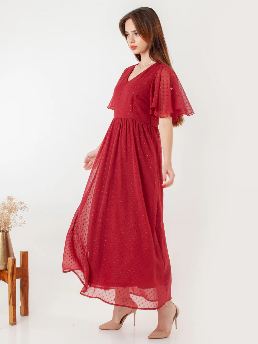 Maroon Self Design Regular Maxi Dress - Image 5
