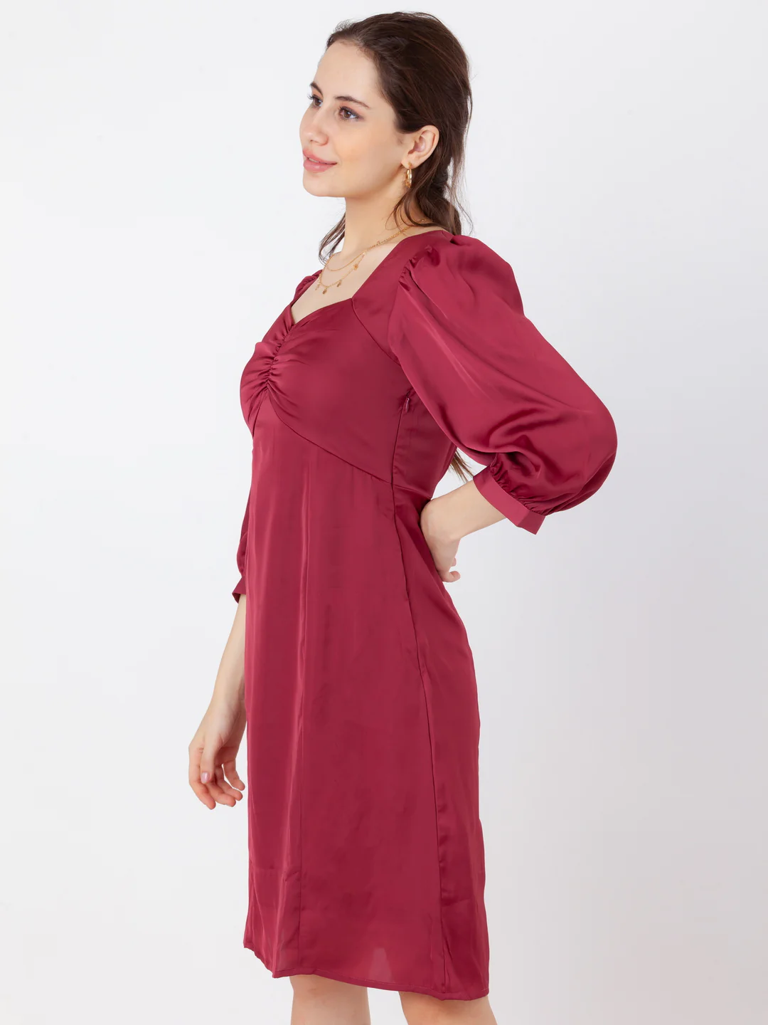 Maroon Solid A-Line Short Dress - Image 3
