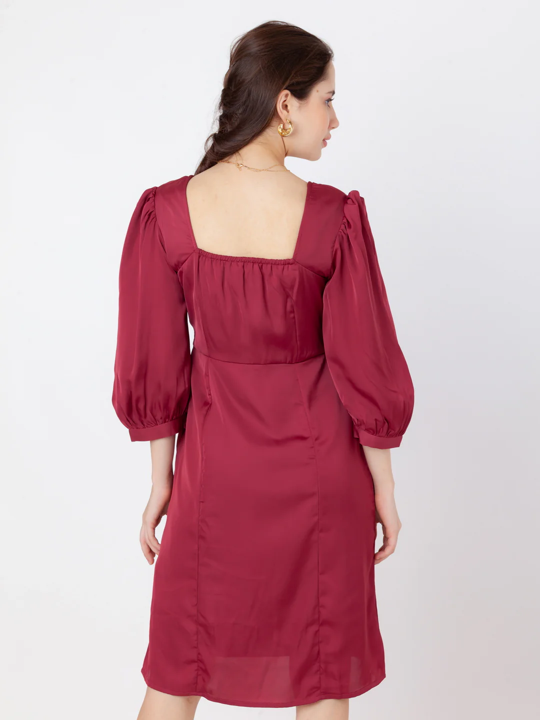 Maroon Solid A-Line Short Dress - Image 4