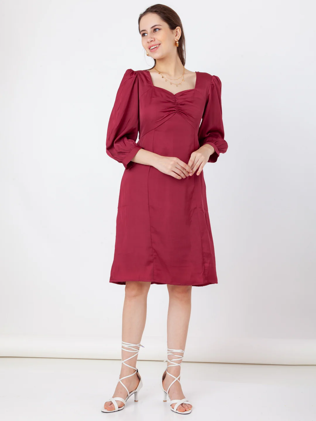 Maroon Solid A-Line Short Dress - Image 5