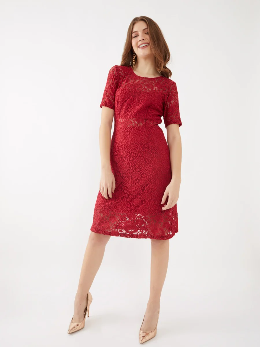 Maroon Solid A-Line Short Dress - Image 4