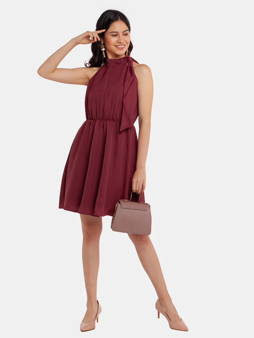 Maroon Solid Elasticated Short Dress