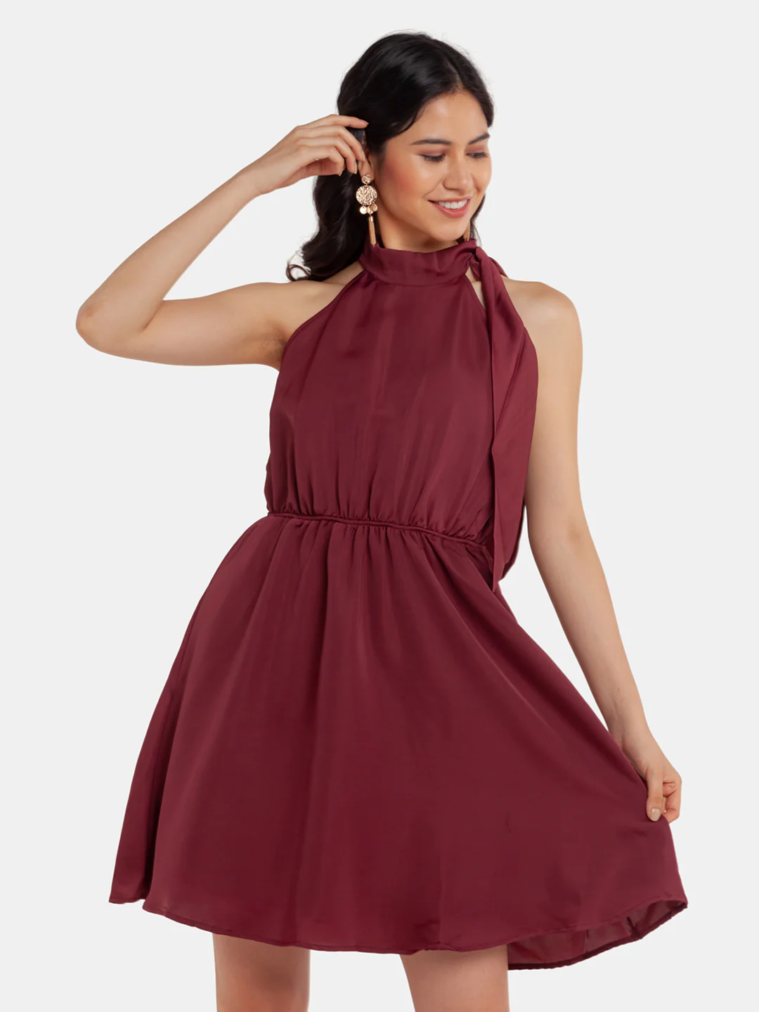 Maroon Solid Elasticated Short Dress - Image 2