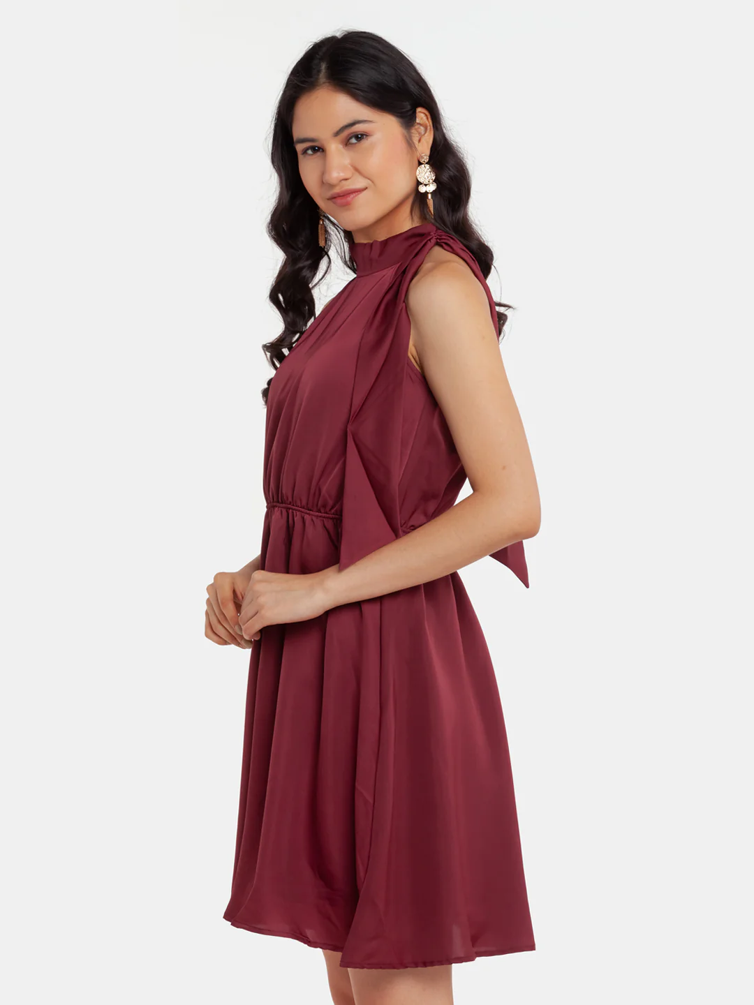 Maroon Solid Elasticated Short Dress - Image 3