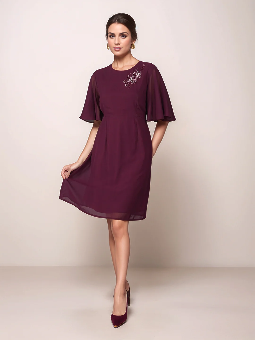 Maroon Solid Embroidered Flared Mini Dress