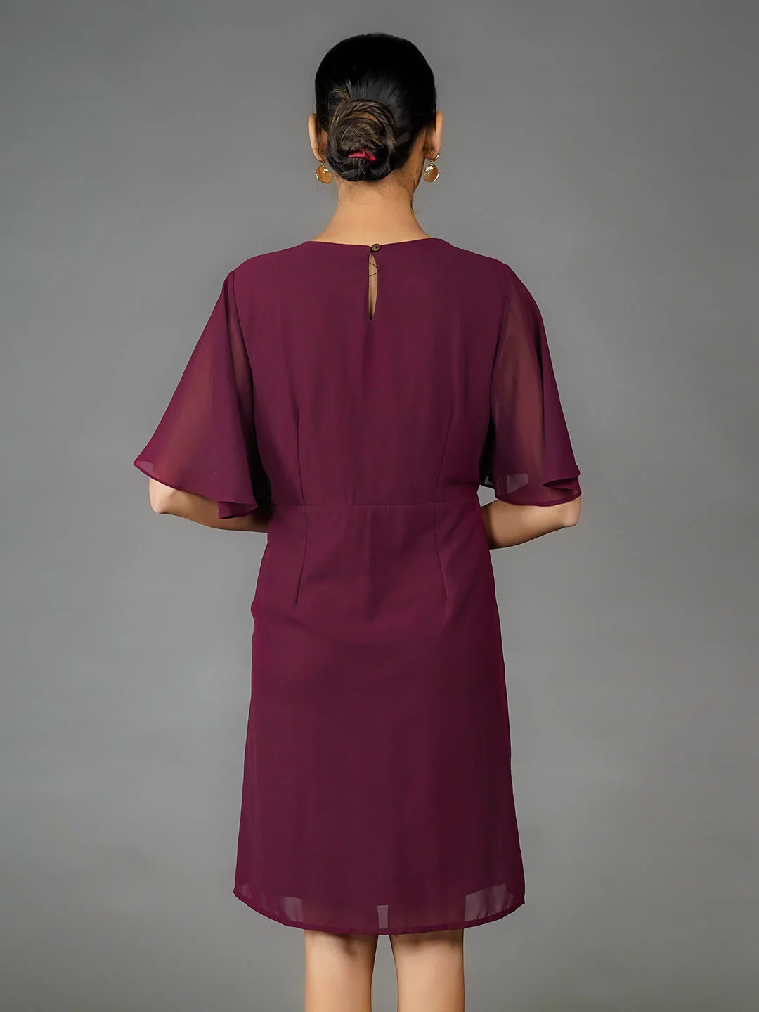 Maroon Solid Embroidered Flared Mini Dress - Image 5