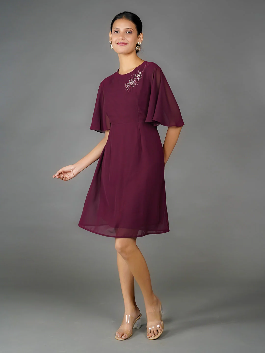 Maroon Solid Embroidered Flared Mini Dress - Image 6