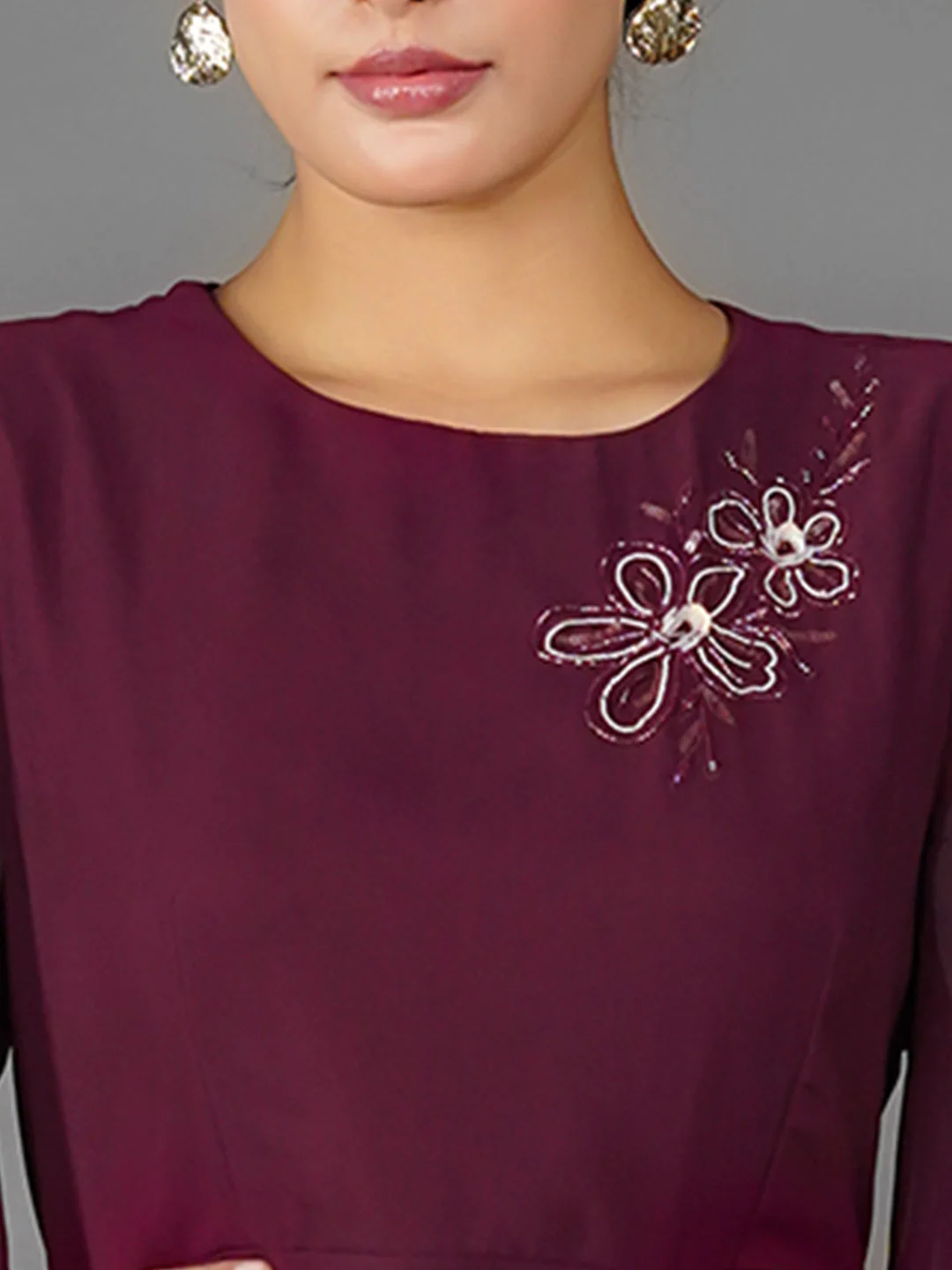 Maroon Solid Embroidered Flared Mini Dress - Image 7