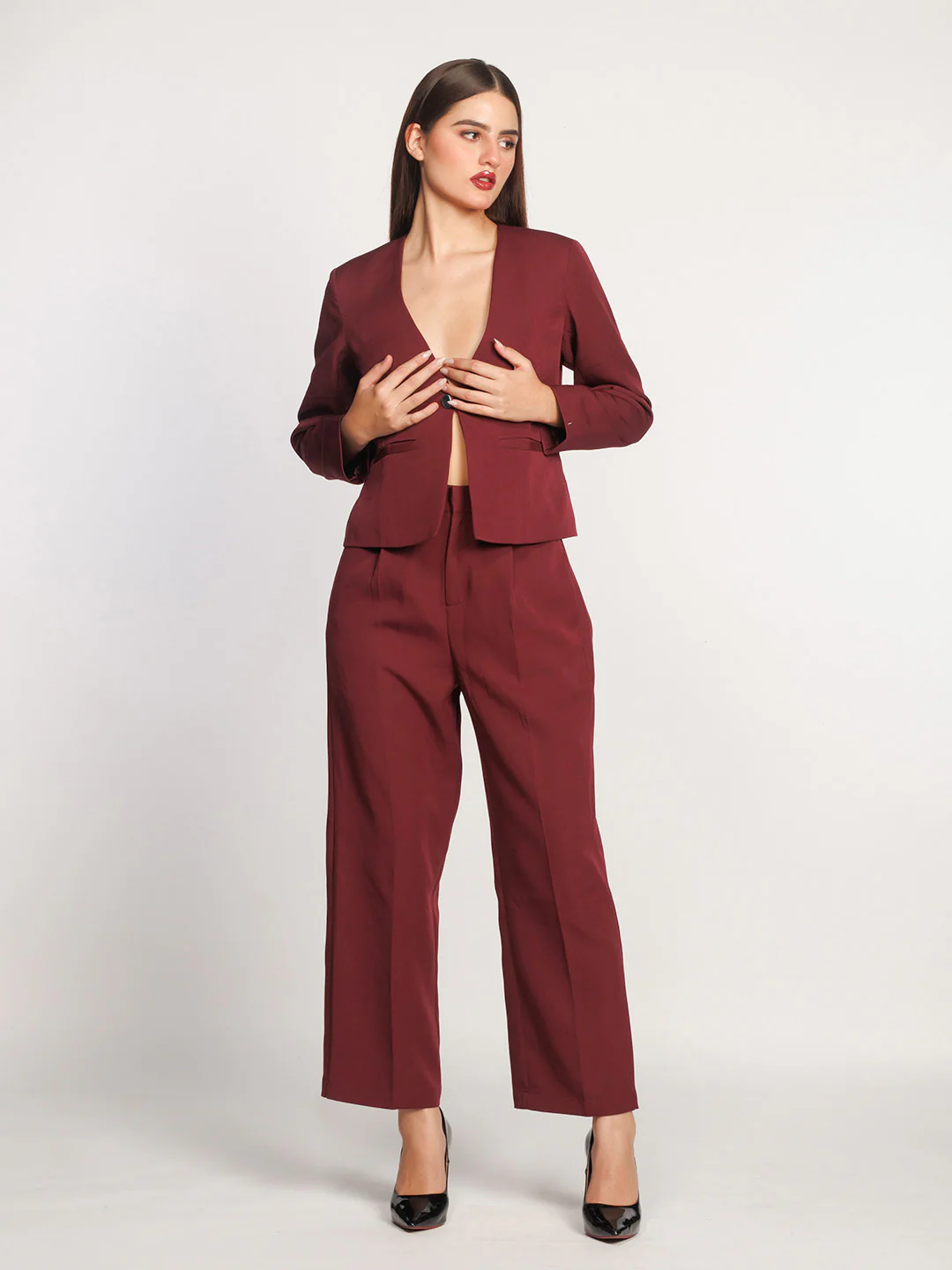 Maroon Solid Fitted Blazer - Image 2