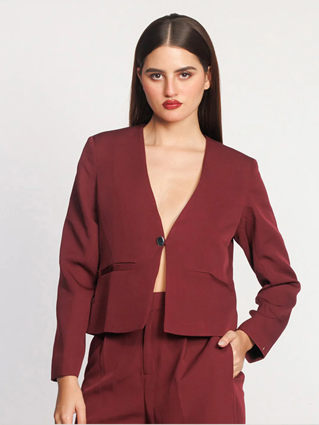 Maroon Solid Fitted Blazer - Image 3