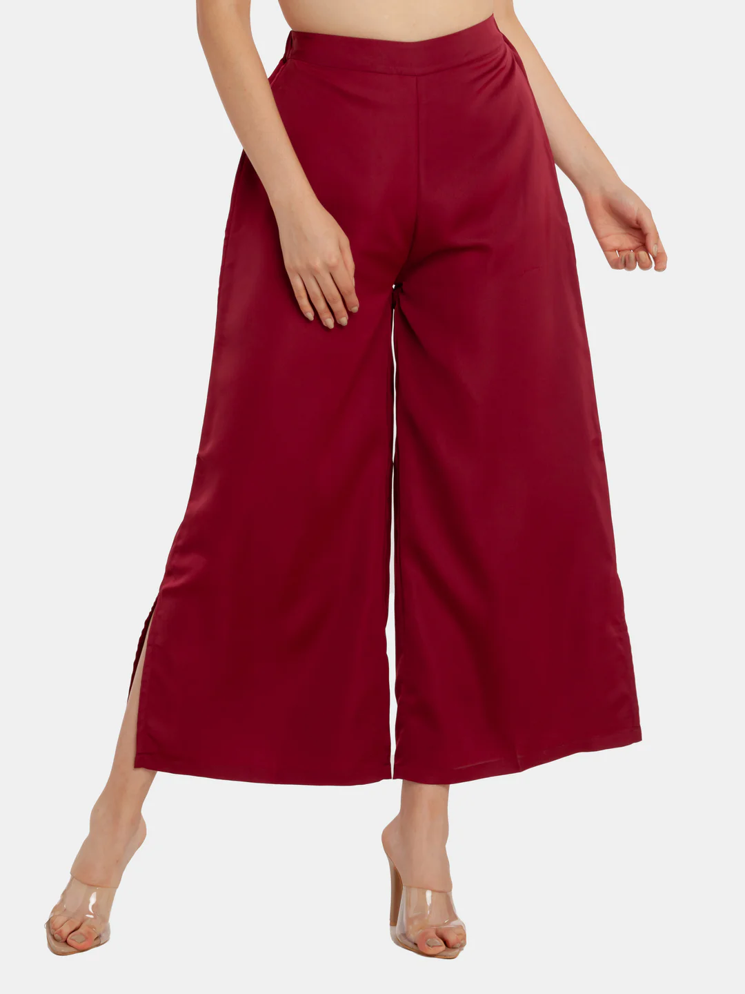 Maroon Solid High Waisted Trouser - Image 2