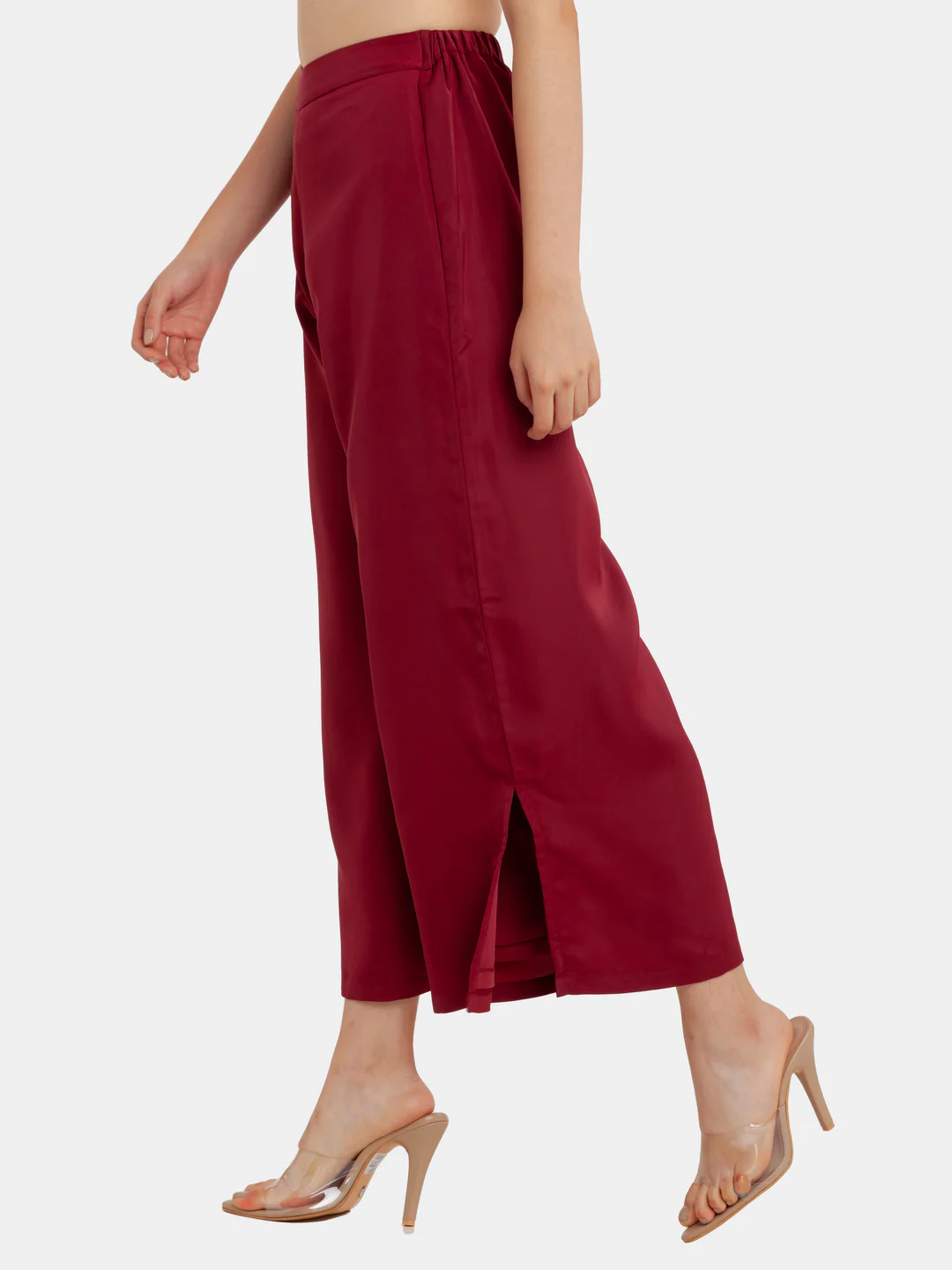 Maroon Solid High Waisted Trouser - Image 3