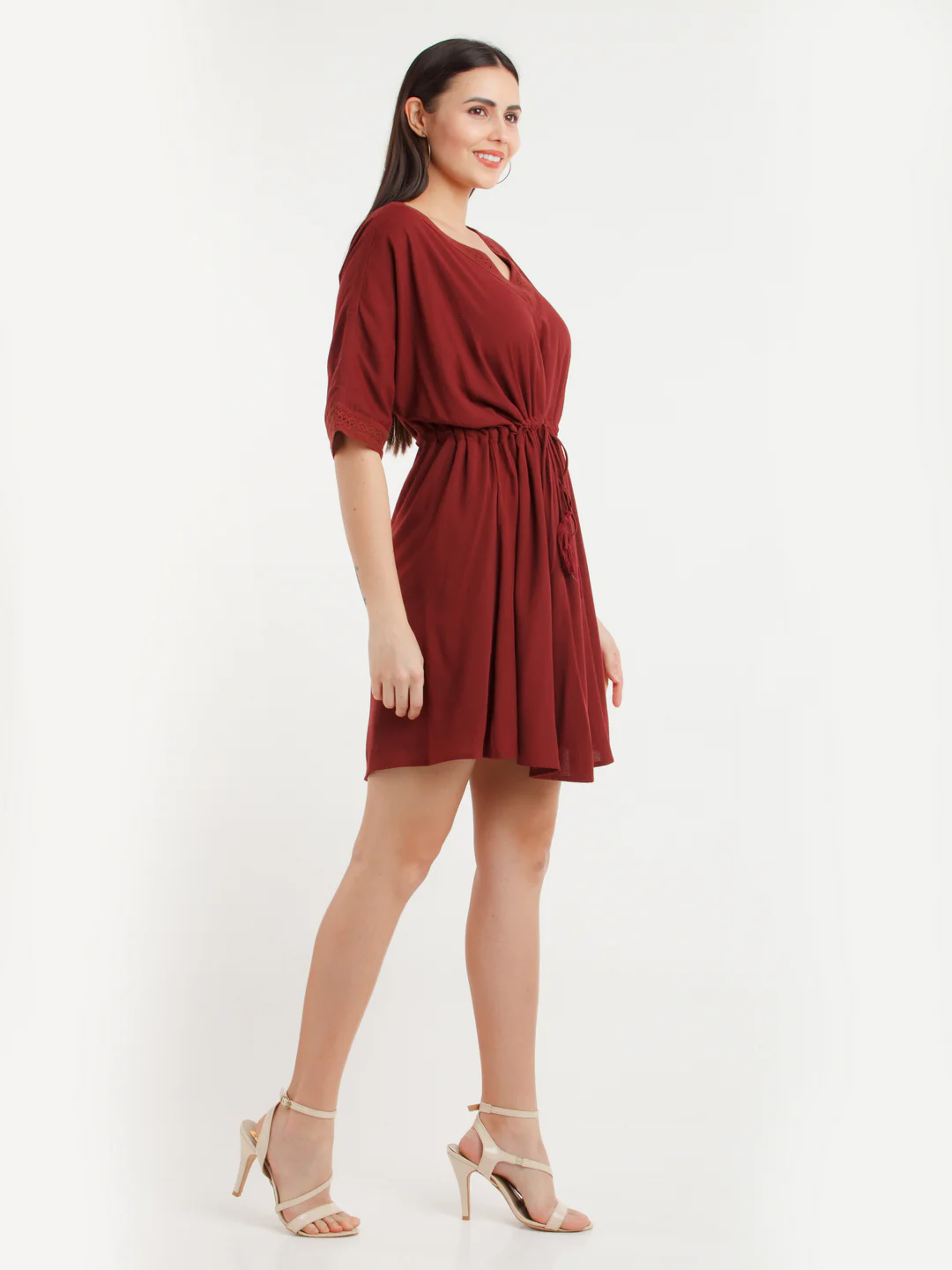 Maroon Solid Mini Dress - Image 3