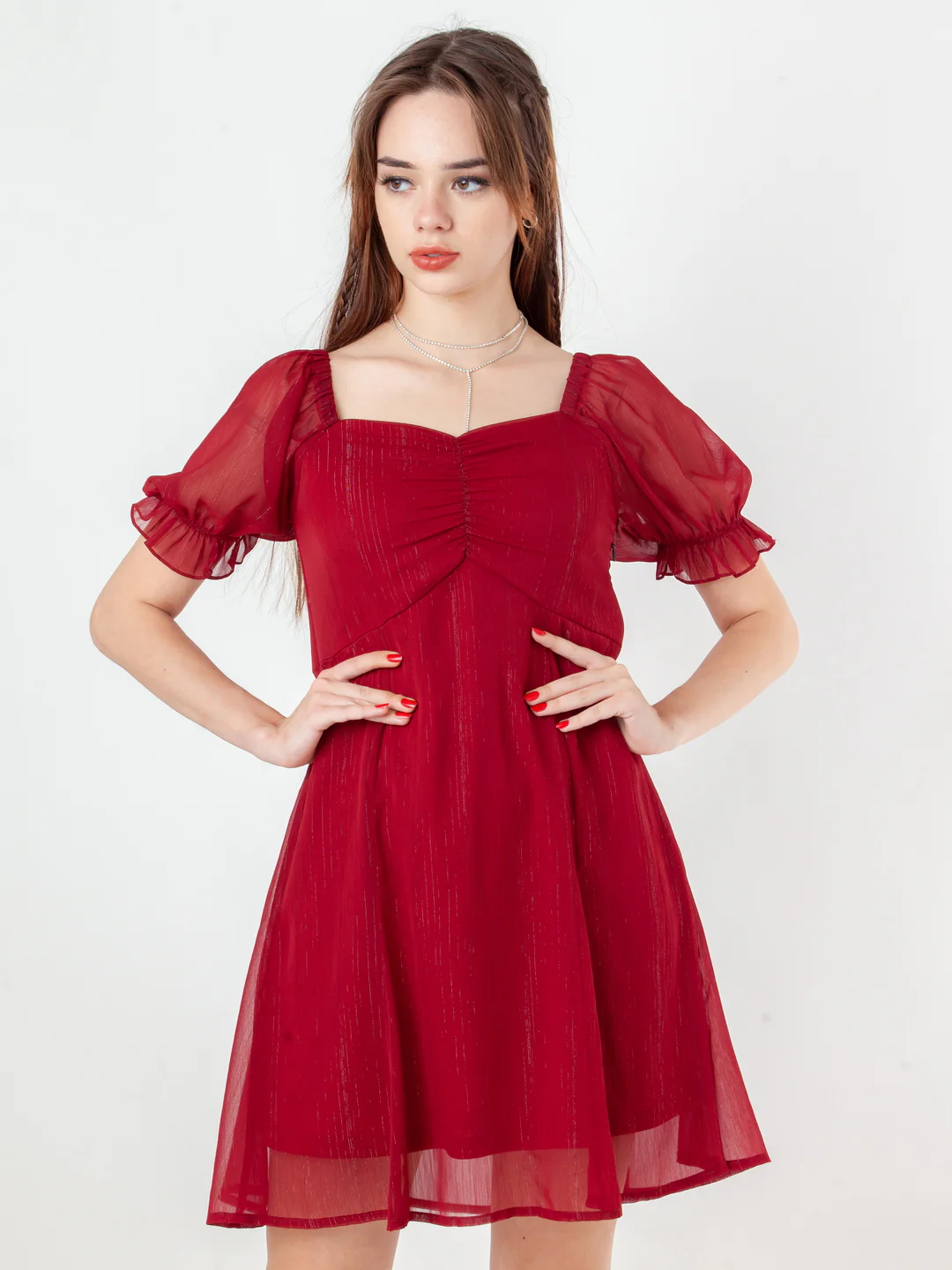 Maroon Solid Regular Short Dress - Image 2
