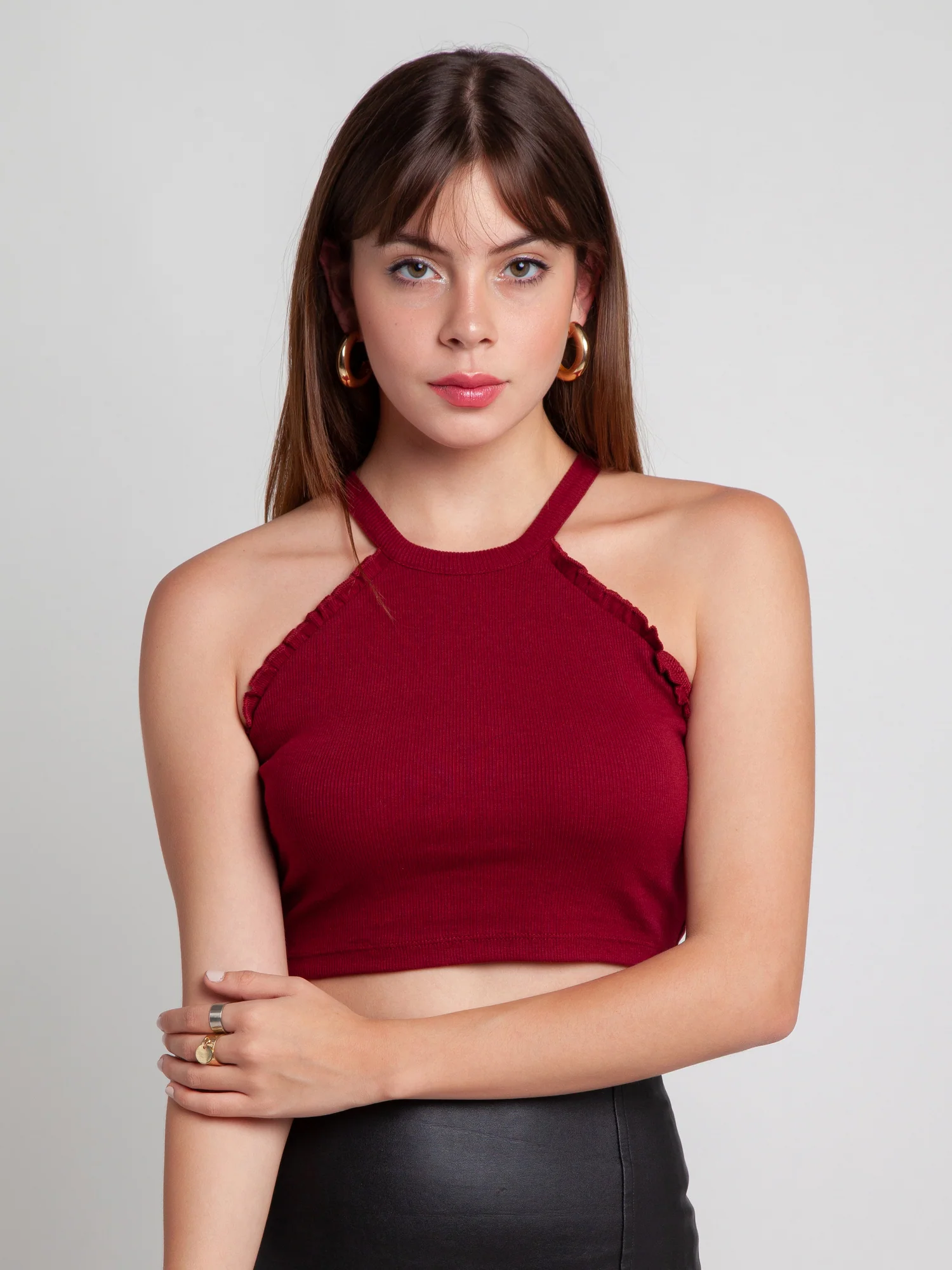 Maroon Solid Ruffled Crop Top - Image 4