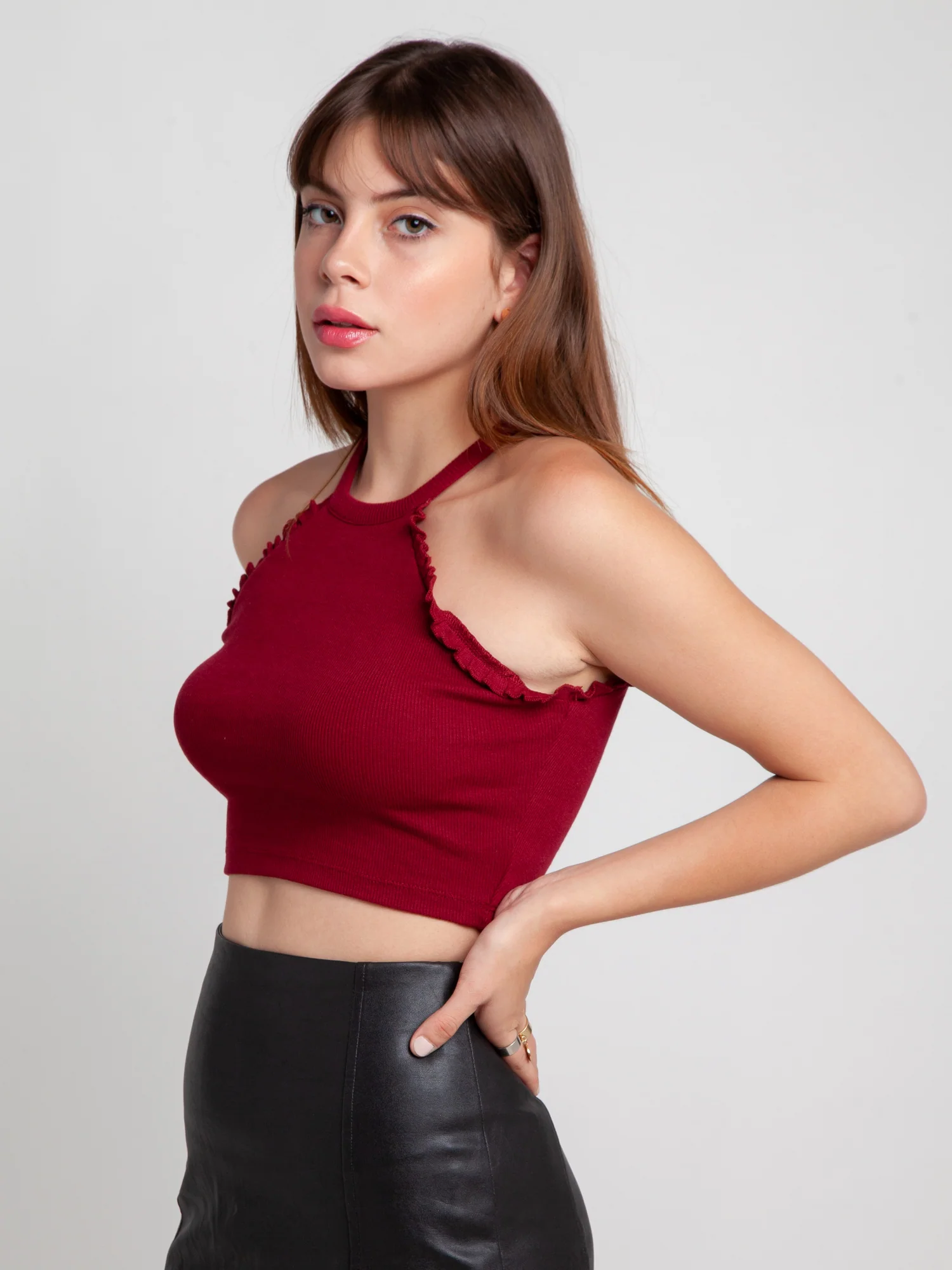 Maroon Solid Ruffled Crop Top - Image 5