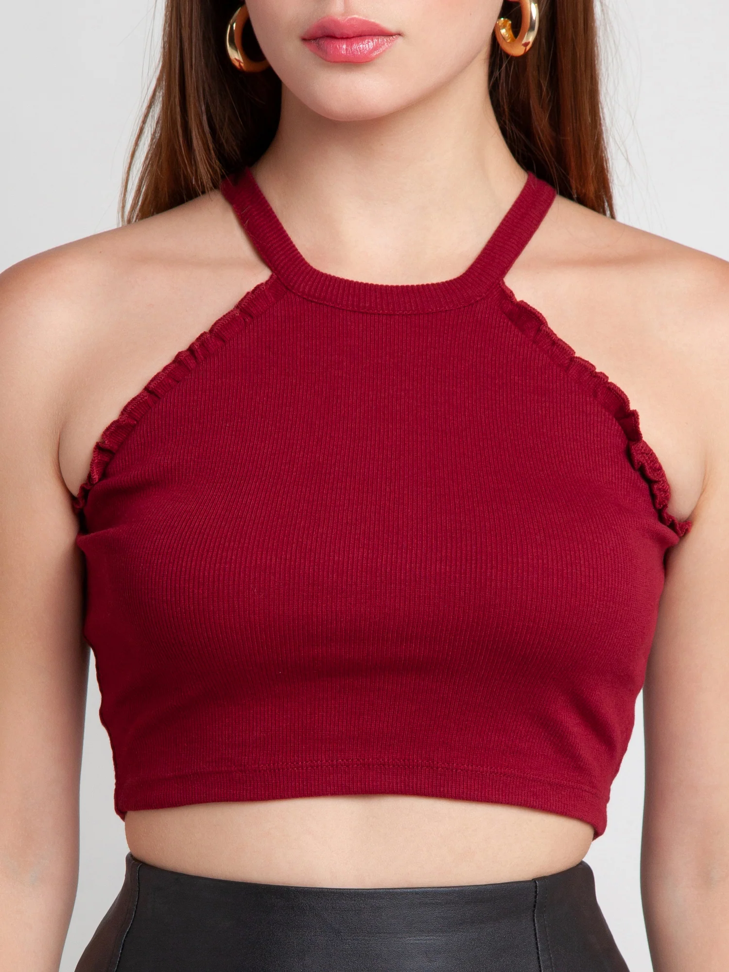 Maroon Solid Ruffled Crop Top - Image 7