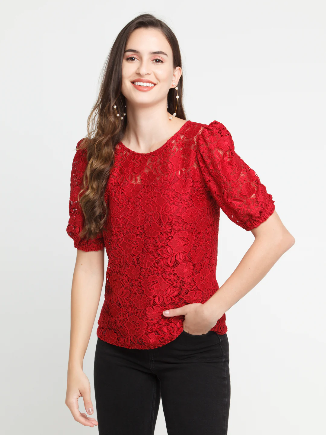 Maroon Solid Slit Sleeve Top - Image 2