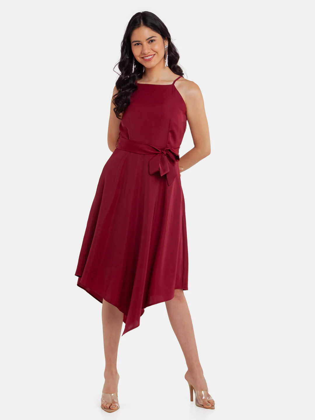 Maroon Solid Strappy Midi Dress - Image 2