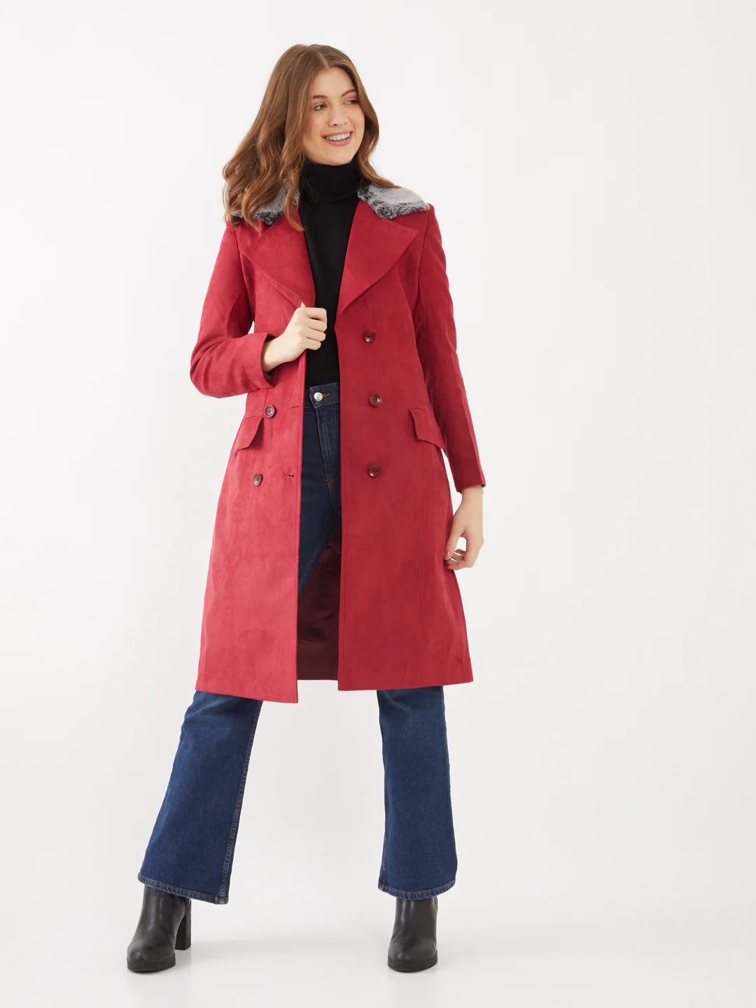 Maroon Solid Trench Coat - Image 2