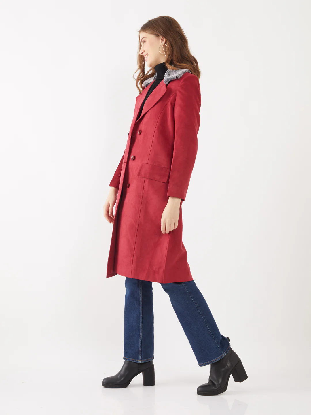 Maroon Solid Trench Coat - Image 3