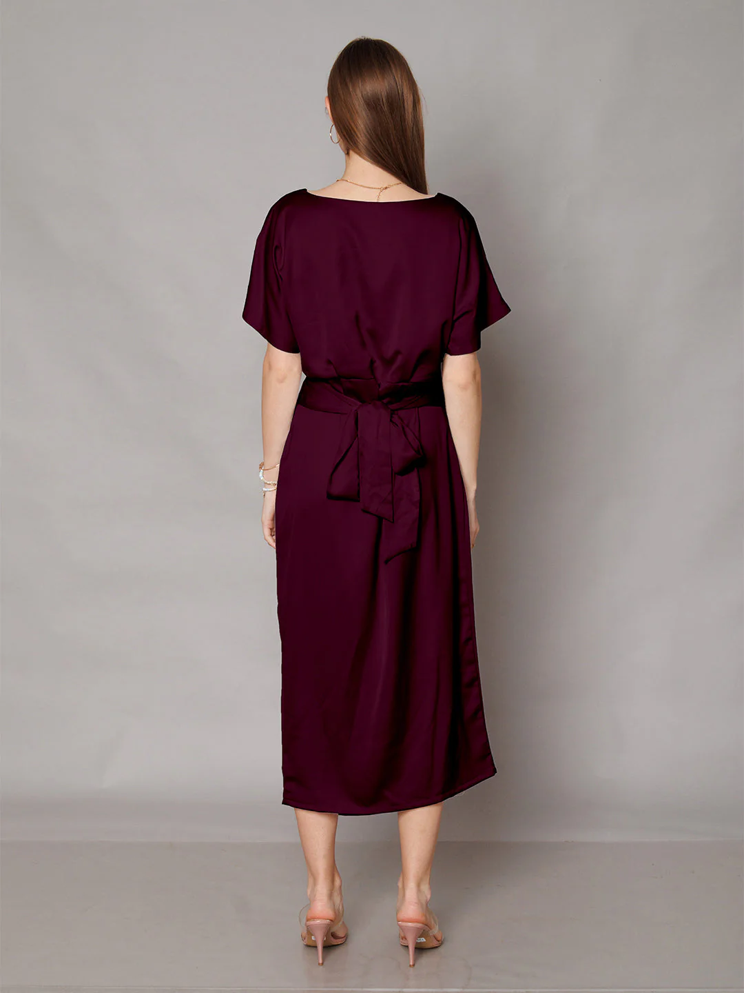 Maroon Solid Waist Tie-Up Maxi Dress - Image 4