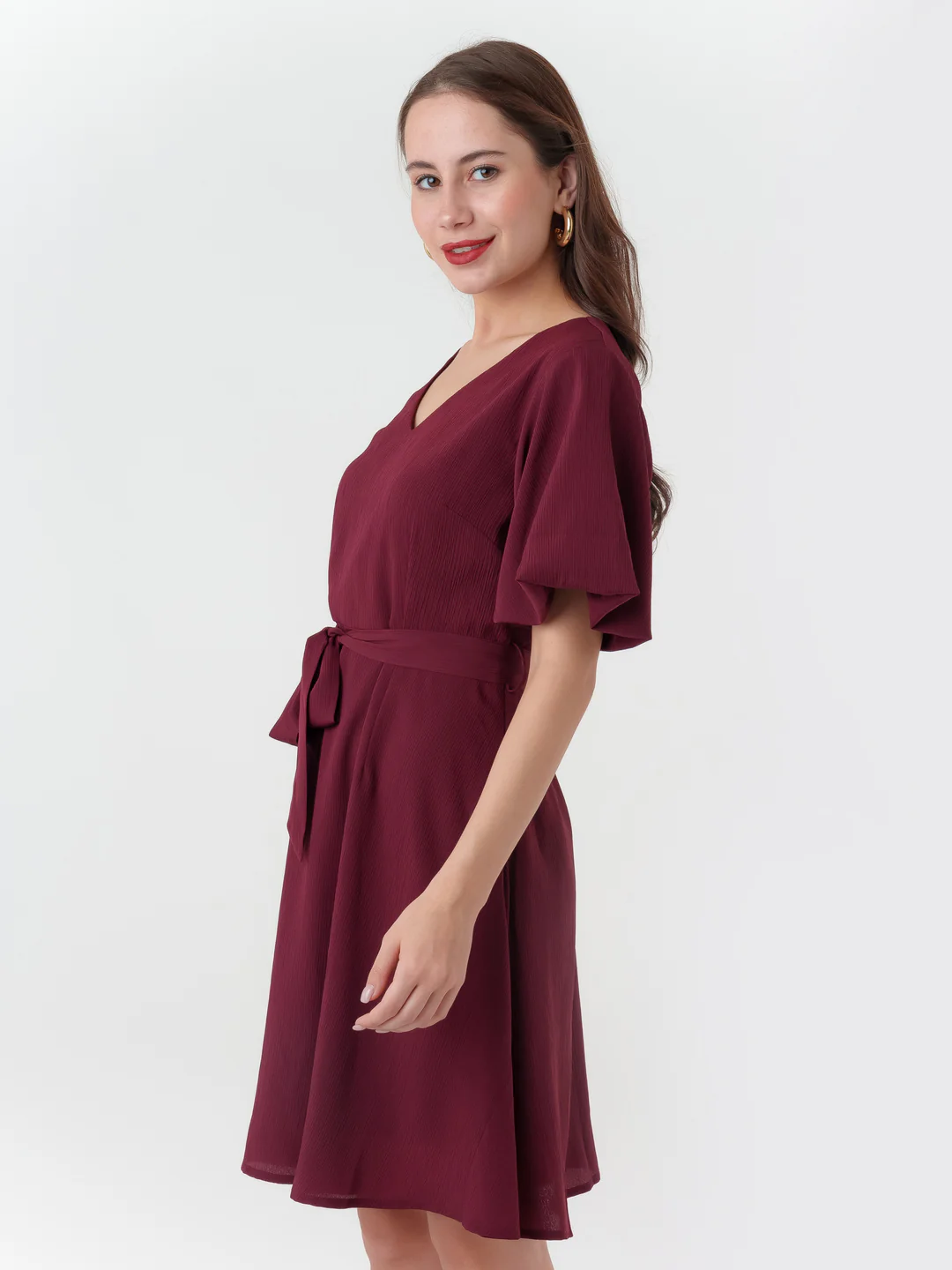 Maroon Textured Regular Short Dress - Image 3