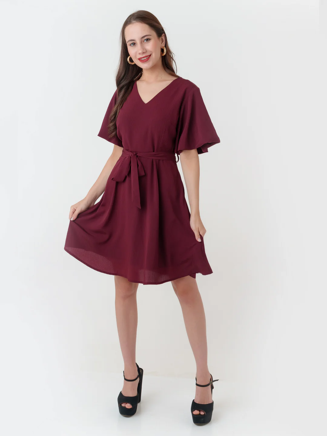 Maroon Textured Regular Short Dress - Image 5