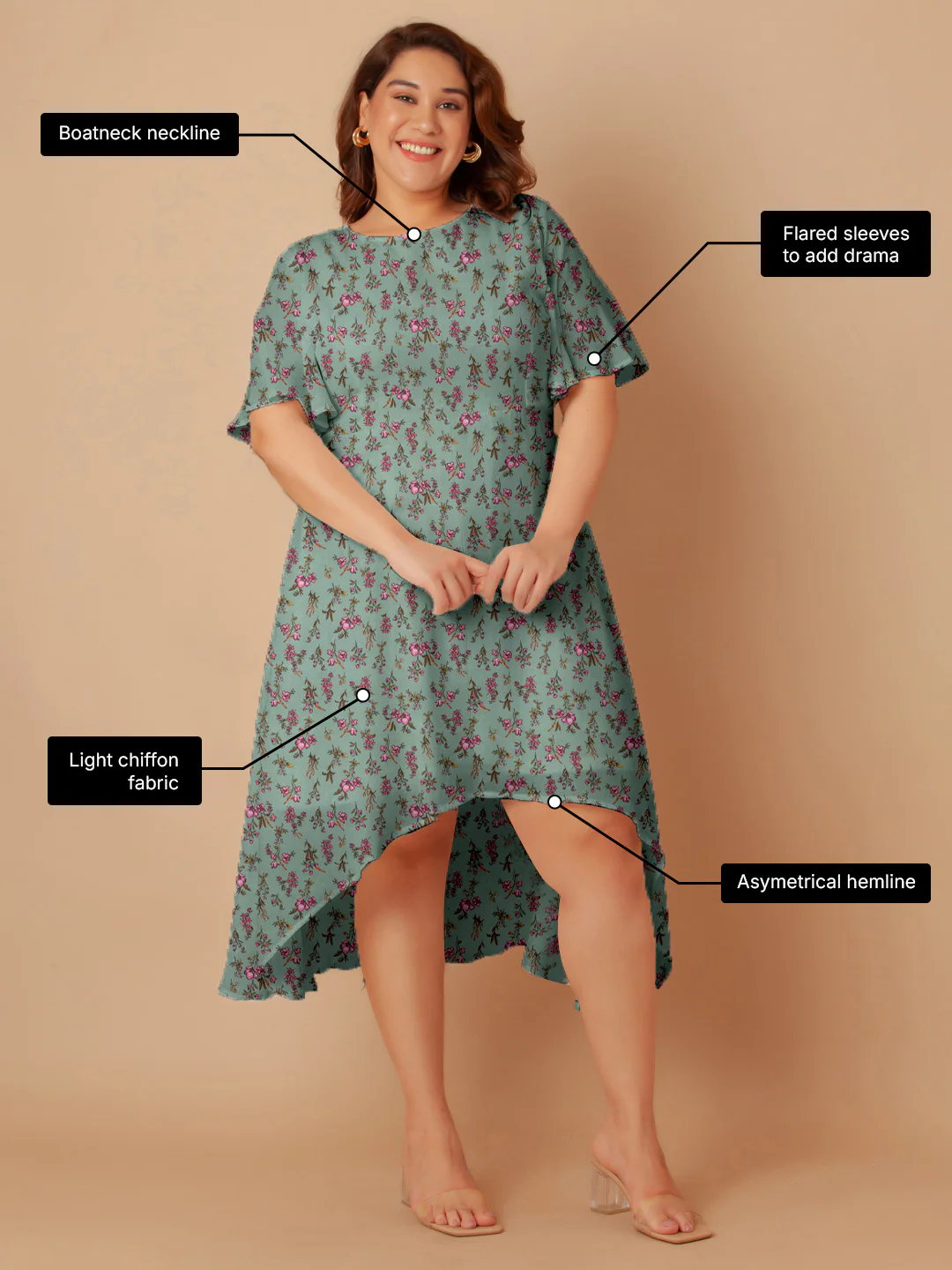 Mint Floral Print Flared Midi Dress - Image 3