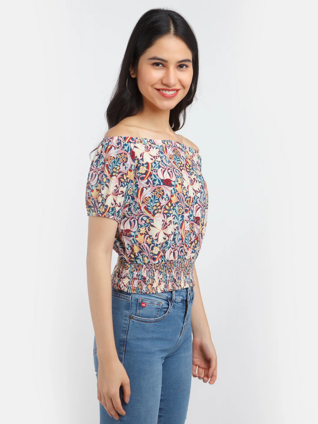 Multi-Colored Abstract Printed Off-Shoulder Top - Image 3