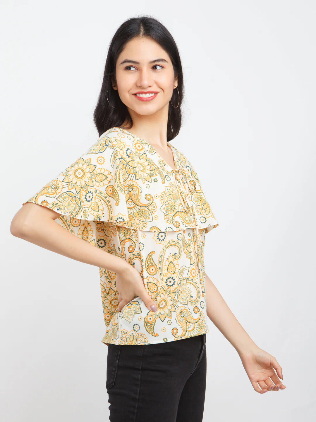 Multi-Colored Bohemian Printed Cape Sleeve Top - Image 3