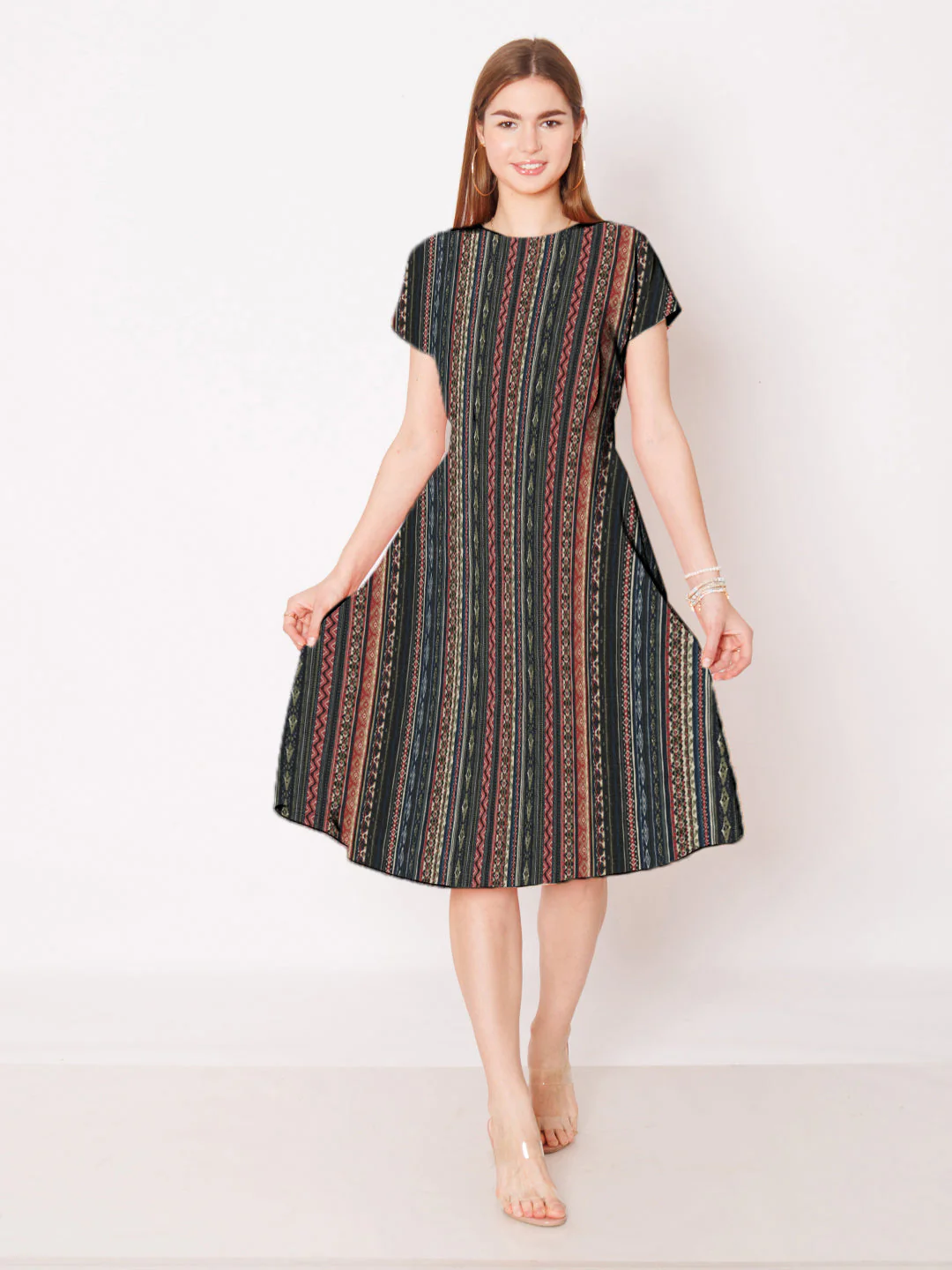 Multi-Colored Geometric Printed A-Line Midi Dress