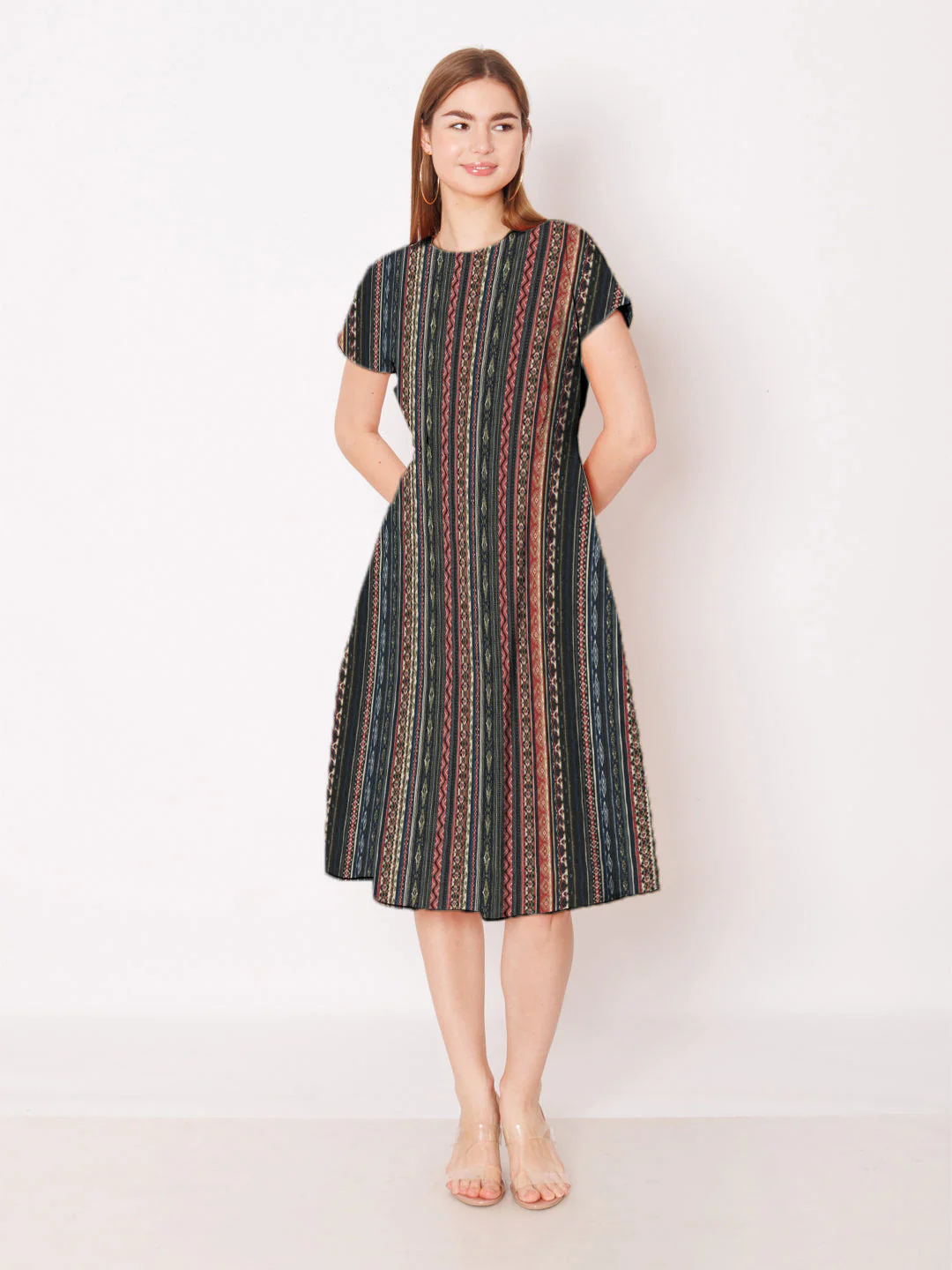 Multi-Colored Geometric Printed A-Line Midi Dress - Image 5