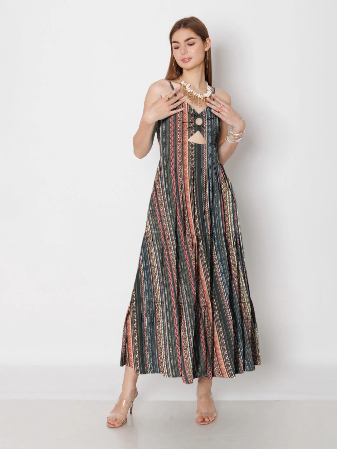 Multi-Colored Geometric Printed Fit & Flare Maxi Dress