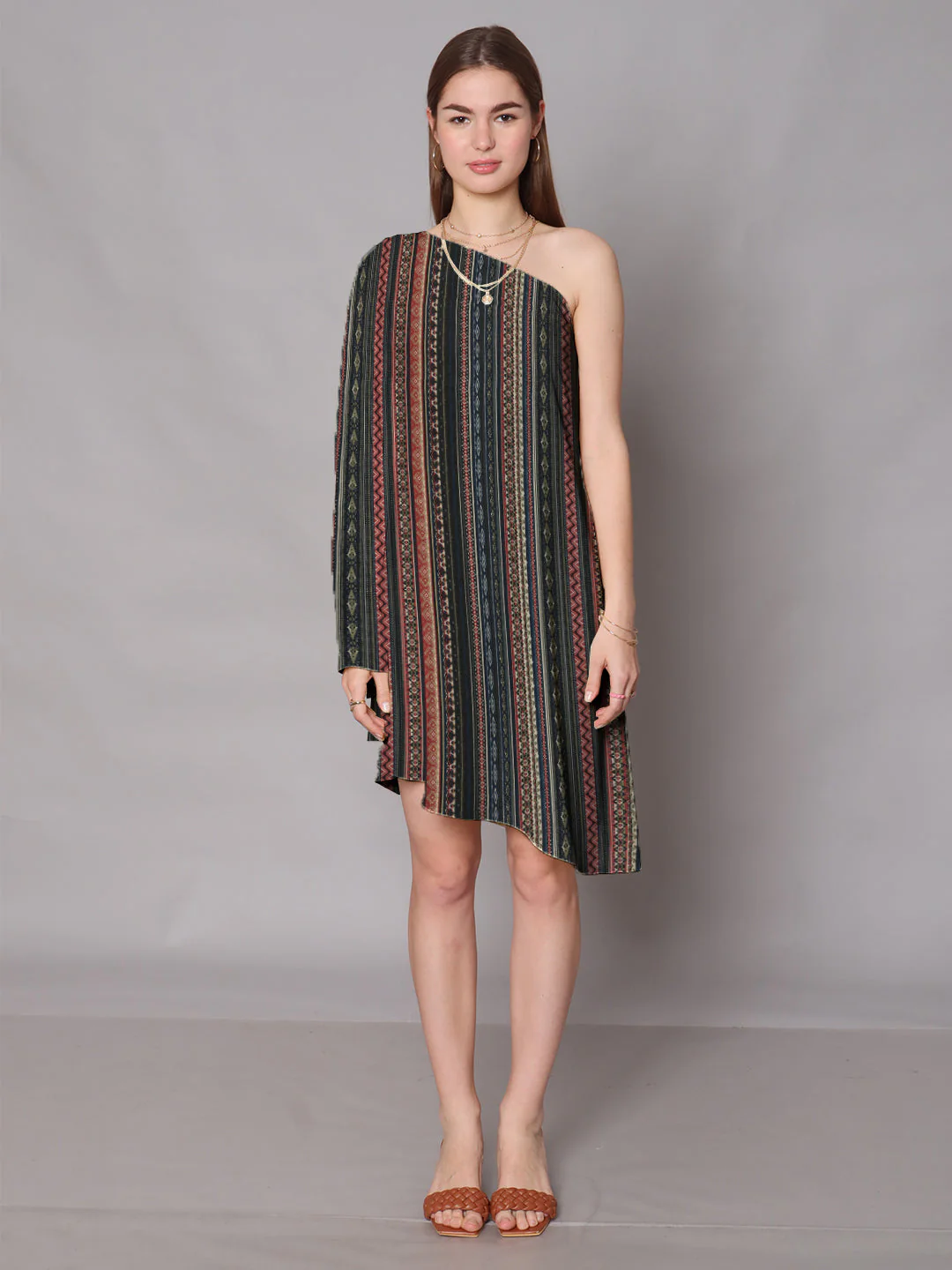Multi-Colored Geometric Printed One Shoulder Knee Length Dress - Image 2