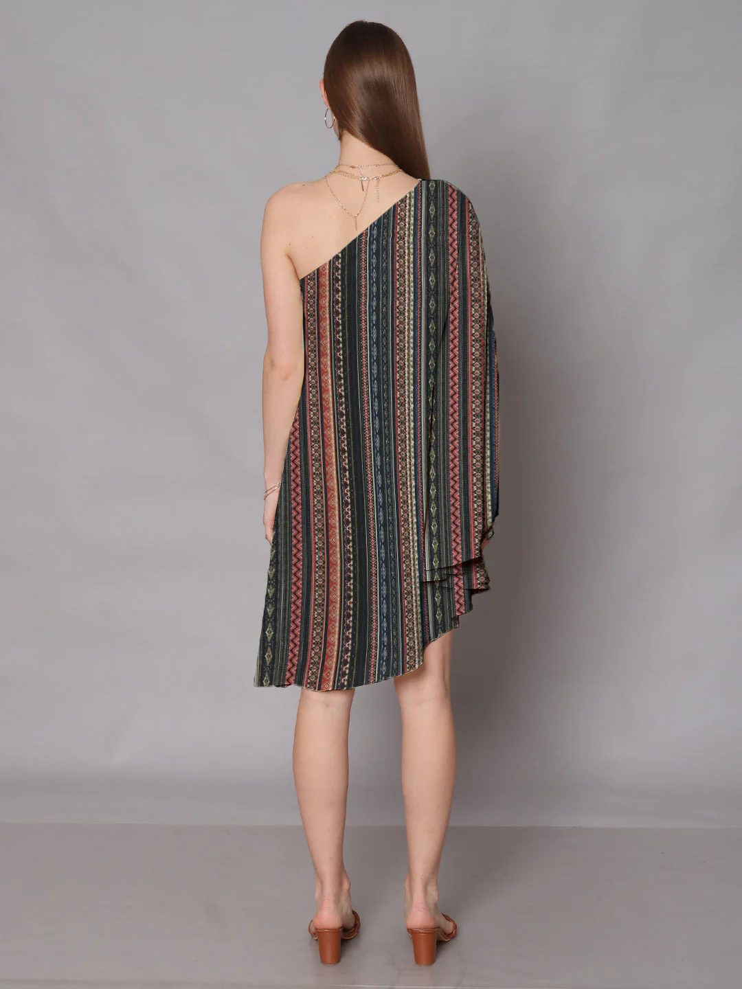 Multi-Colored Geometric Printed One Shoulder Knee Length Dress - Image 4