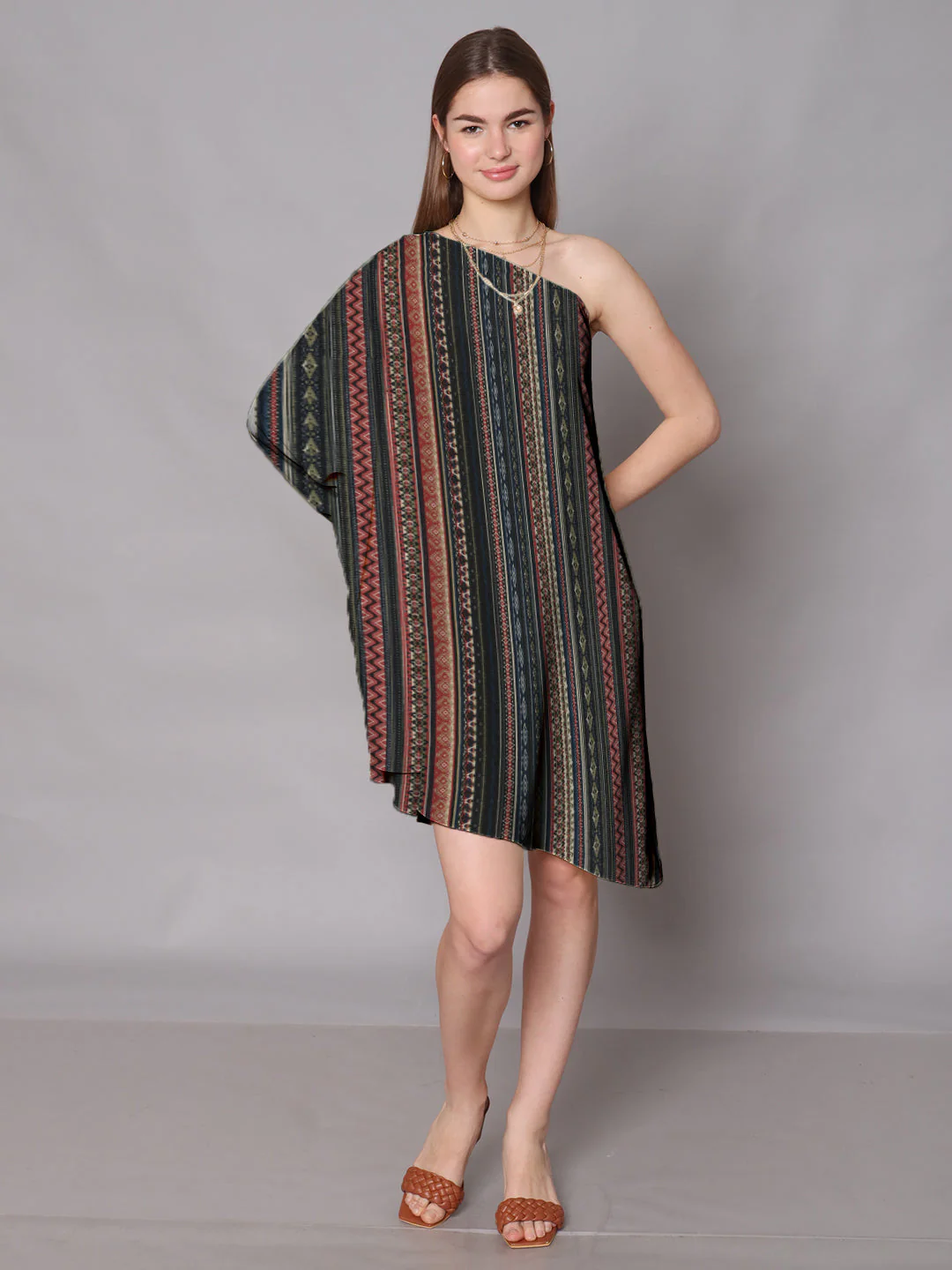Multi-Colored Geometric Printed One Shoulder Knee Length Dress - Image 5