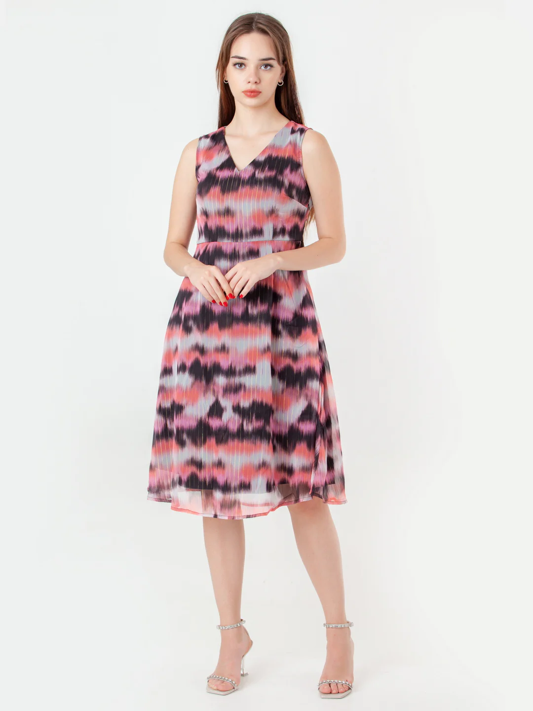 Multi-Colored Printed A-Line Midi Dress - Image 3