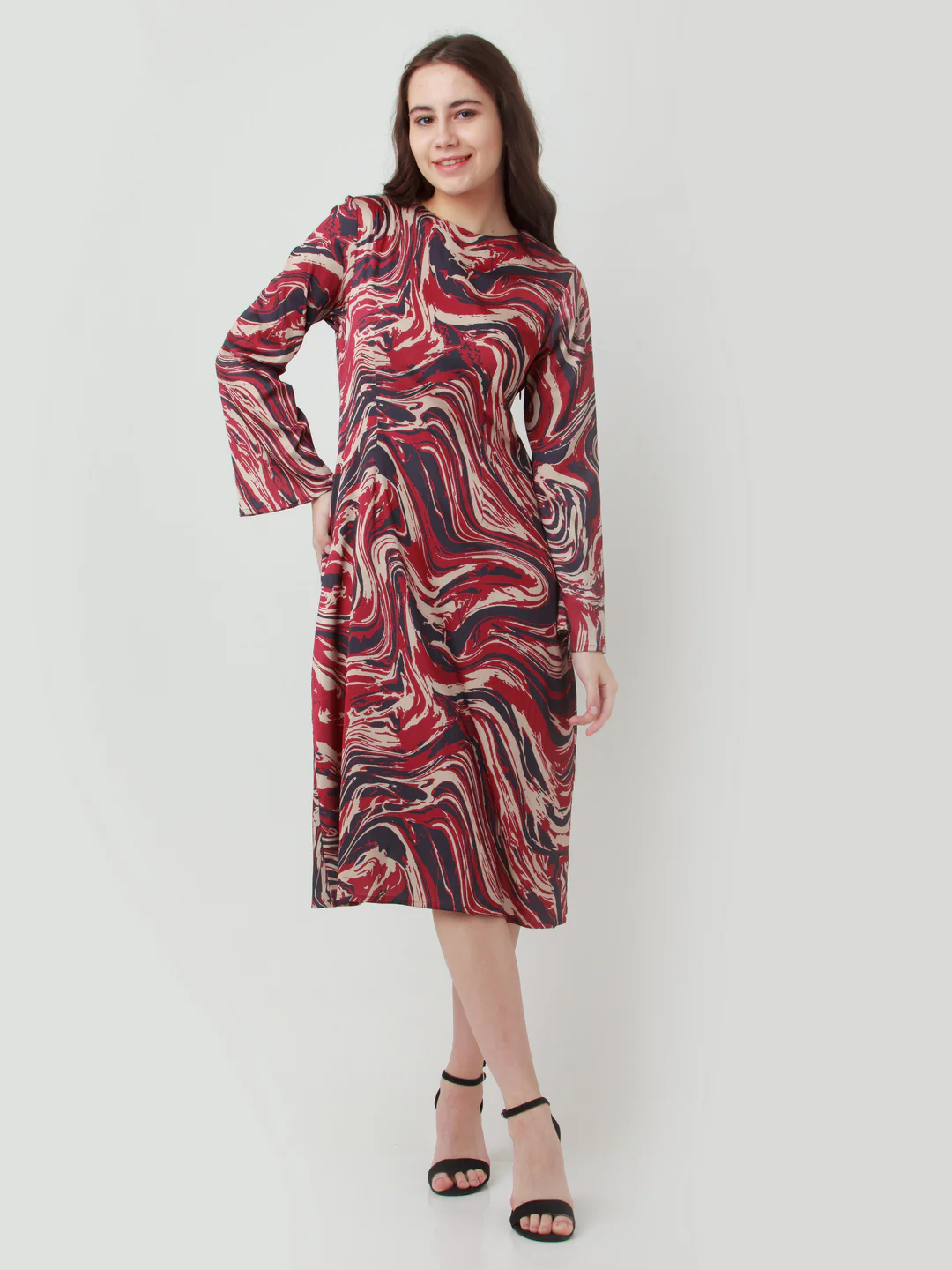 Multicolor Printed Fitted Midi Dress