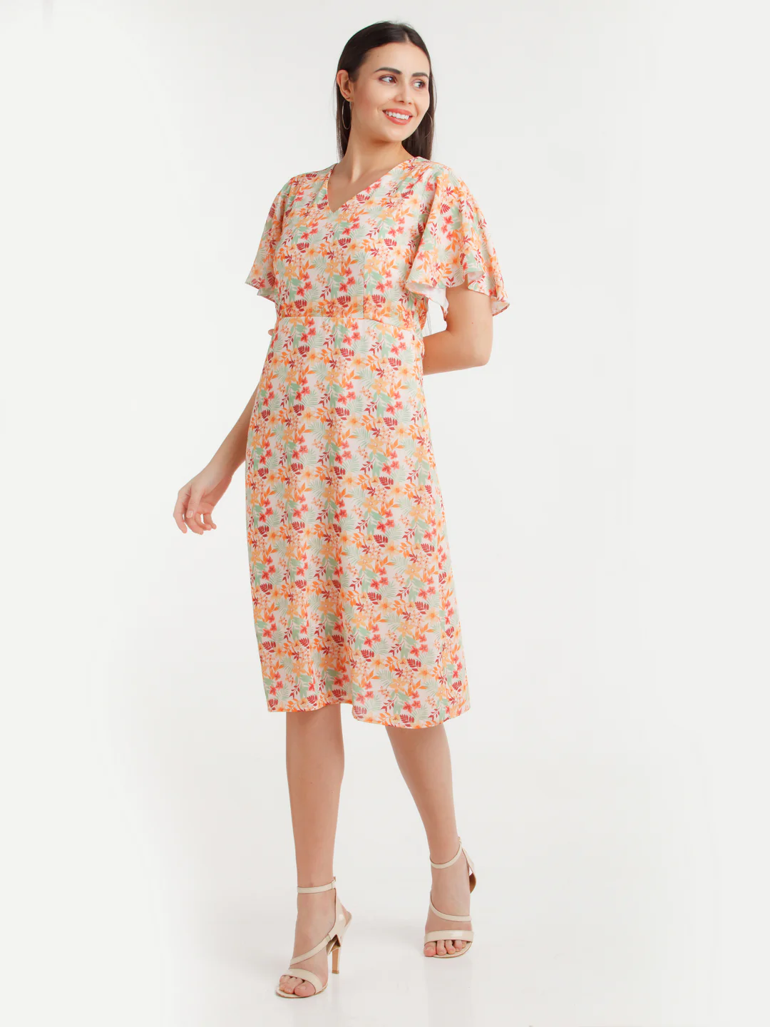 Multicolor Printed Flared Sleeve Midi Dress