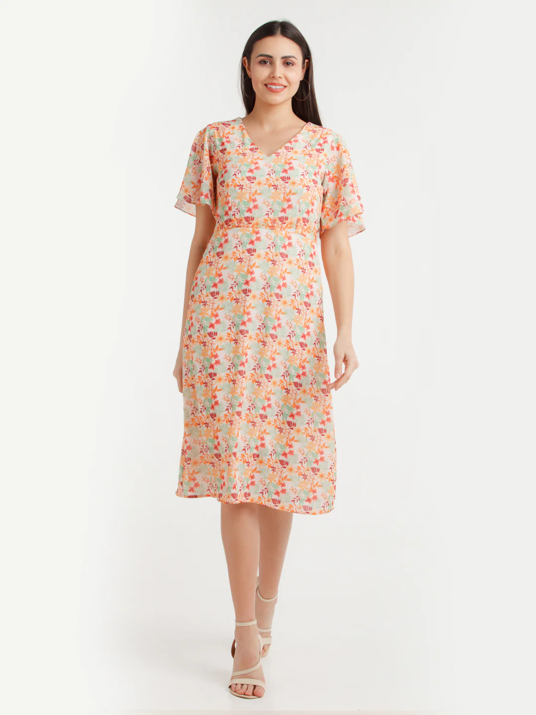 Multicolor Printed Flared Sleeve Midi Dress - Image 2